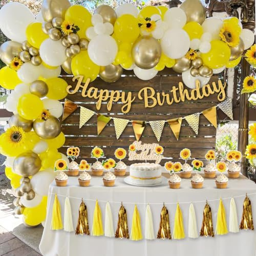 Decoraciones Cumpleaños Amarillo, Decoraciones Cumpleaños Girasol Globos Oro Amarillo Blanco Globos Confeti Oro Borlas Guirnalda Decoración para Tarta Girasol