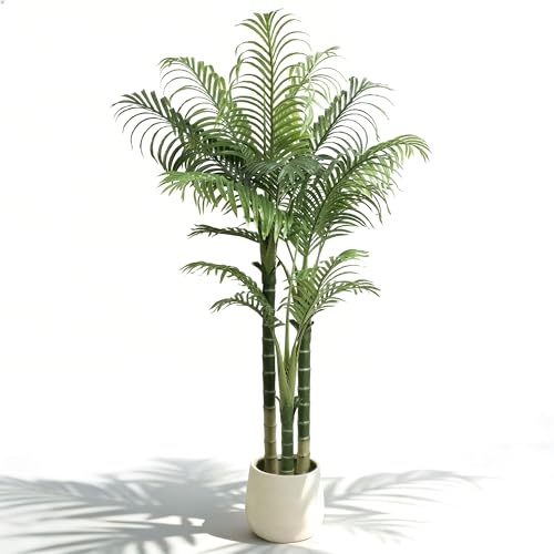 Palma artificiale da 160 cm, piante finte con fioriera bianca, palma tropicale in canna dorata con tre tronchi e 15 foglie di palma realistiche, piante da pavimento per interni per la decorazione di