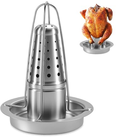 HMCEY Asador de Pollos de Acero Inoxidable,Soporte para Pollo Al Horno,Asador Barbacoa con Bandeja de Goteo,Parrilla para Asar Pollo,Asado Rack Antiadherente,Chicken Holder para Cocina,Camping
