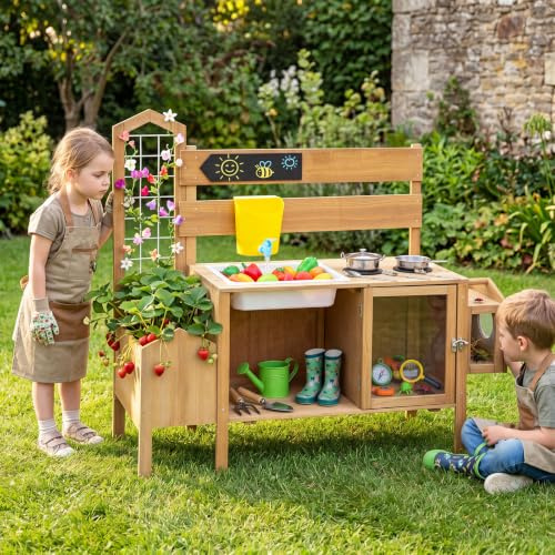 COSTWAY lekkök barn utomhus, lekkök med vattentank, diskbänk | Barnkök med kran, spaljé, planteringslåda och fågelbur, trädgård lekkök med spis och kökstillbehör