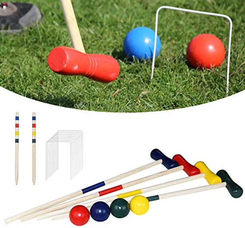 FIVMEN Jeu de crocket pour 4 joueurs en bois massif de pin avec piquets en bois, 4 balles, 9 wickets, jeux de jardin, jeu de croquette pour adultes et enfants, kit de croquet pour parc, jardin