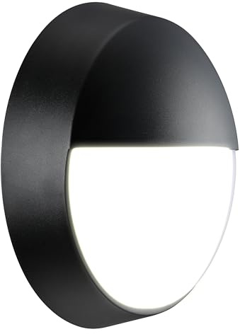 Luceco Eco Outdoor LED Bulkhead Light, Decorative Exterior Lighting, Eyelid Design, Round, Black, IP54, 10W, 400lm, 4000K, EBEE10S40