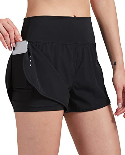 VIGVAN 2 in 1 Laufhose Damen Sport Shorts Sommer Kurze Hose Schnelltrocknend Fitness Yoga Shorts Gym Jogging Training Sporthose für Damen mit Taschen (BK, M)