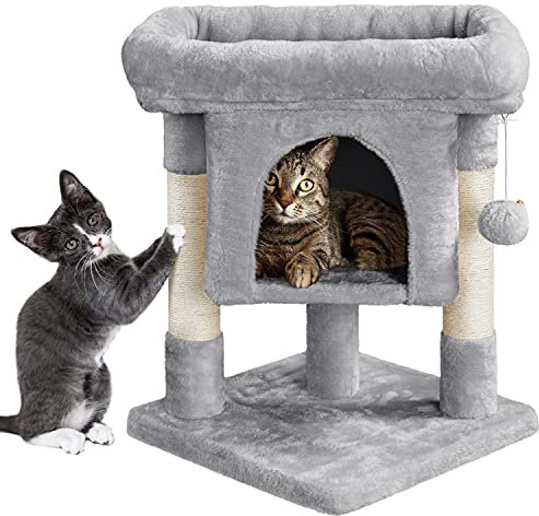 Yaheetech 59cm Basic Cat Tree Tower, Cat Scratching Post w/Oversized Perches, Condo and Hanging Ball, Pet Furniture House for Kittens Pets, Light Grey