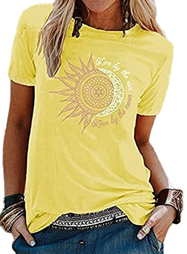 Camisetas Mujer Manga Corta,Verano Elegante Camisas Casual Suelta Algodon Camisa Cuello en O Redondo T Shirts con Estampado (Amarillo, L)