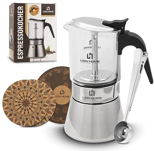 LION HOME Espressokocher | Glas & Edelstahl Design für 6 Tassen | Inkl. Kork-Untersetzer | Für alle Herdarten geeignet | leicht zu reinigen | Eleganz trifft Funktionalität
