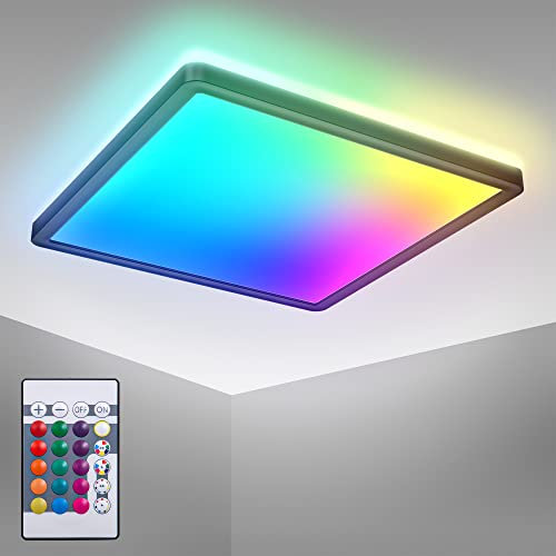 B.K.Licht I Lámpara de techo LED RGB I Panel LED ultra plano I Cambio de color I Lámpara de techo RGBW regulable I Iluminación indirecta I Mando a distancia I Negro