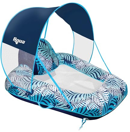 New Aqua Zero Gravity Pool Chair Float with Sunshade Canopy and Cup Holder – Blue Fern