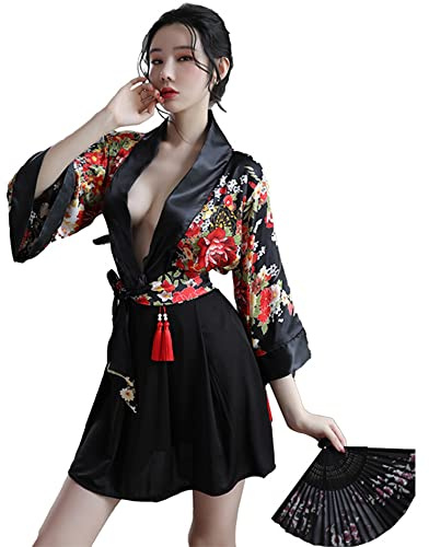 SINROYEE Sexy Anime Cosplay para mujeres Cheongsam Lencería Vestido japonés Kimono Disfraces Bailarina Camisola Abertura Lateral (negro)