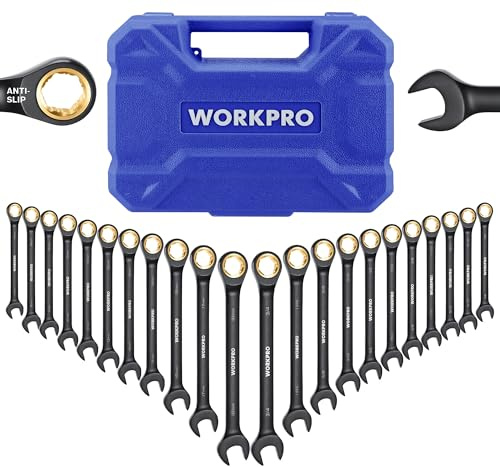 WORKPRO 22-Piece Ratcheting Wrench Set, Anti-slip Teeth, Ratchet Combination Wrench Sets with Organizer Box, Metric 6-18mm & SAE 1/4-3/4, Black Electrophoretic Coating