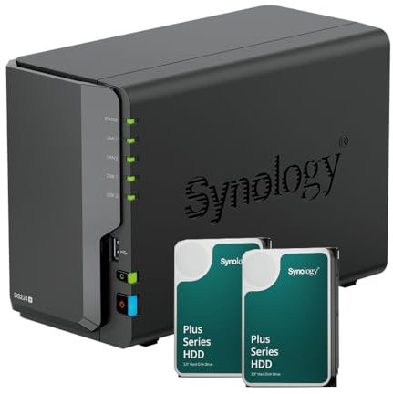 Bundle NAS Synology DS224+ 2Go avec 2 disques Synology 4To HAT3300, Non assemblé Noir
