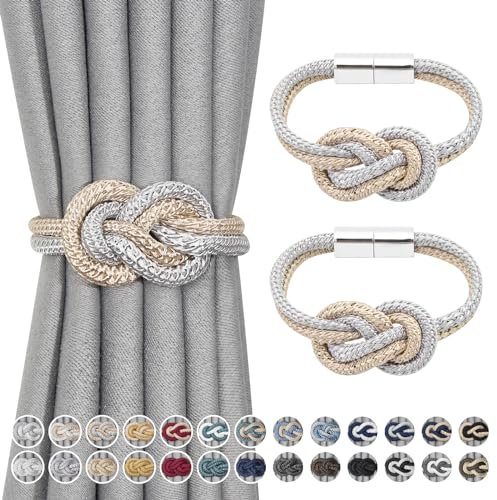 Pretty Jolly 2 Pack Mini Magnetic Curtain Tiebacks Nordic Simple Style Drape Tie Backs Elegant Hand Weave Rope Knot Decorative Curtain Holdbacks for Home & Office Window Drapery (Grey & Beige)