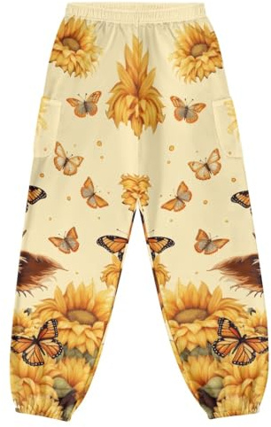 FUSURIRE Sunflower Butterfly Print Yoga Pants Harem Pants Women with Pocket Plus Size Leggings Loose Durable Hippie Pants Kung Fu Pants Bloomer for Ladies