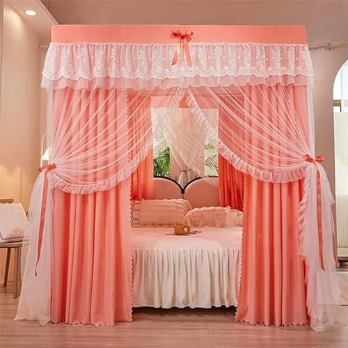 Himmelsäng Gardiner, Sänggardiner Elegant Style Princess 4 Hörnstolpsäng Enfärgad Säng Himmelsäng Gardin Dubbellagers Gardin for full/queen/king size-säng, integritetsskydd(Orange,Double)