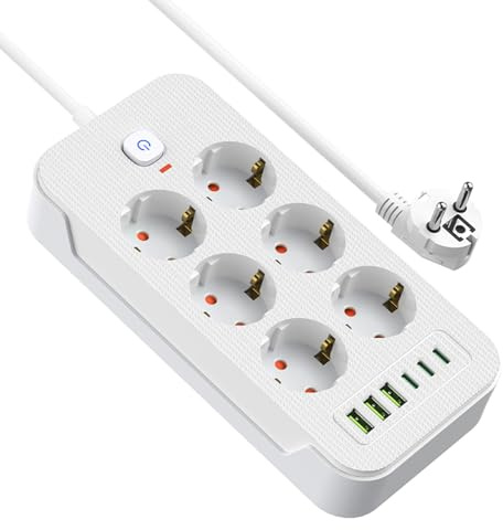 Steckdosenleiste mit Schalter, AOUOO 6 Fach Mehrfachstecker mit Verlängerungskabel 2M, 3USB/3Type-c (5V/3.1A), Max. 250 V / 16A, Steckdosenleiste Überspannungsschutz 3840W/16A für zu Hause, Büro Weiß