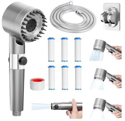 Soffione Doccia con 6 filtri doccetta ad alta pressione con sistema di filtraggio d'acqua testa doccetta manuale da 2 m, 3 tipi di getto,R iduce il Calcare con il Filtro per Doccia