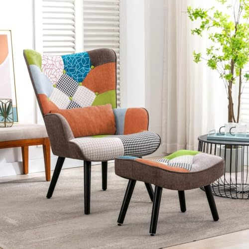 HomeMiYN Poltrona Patchwork, Poltrona Con Poggiapiedi E Cuscino Lombare, Sedia Per Il Tempo Libero, Soggiorno, Lettura, Camera Da Letto, Divano Singolo (Colore arancione)