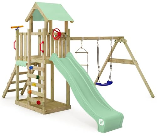 Wickey Torre de juego Luz MultiFlyer, rejilla de escalada con columpio y tobogán verde pastel, torre de escalada infantil al aire libre con arenero, escalera y accesorios de juego para el jardín
