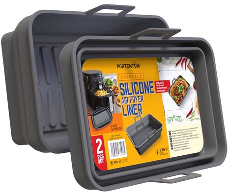 PORTENTUM Teglie per Friggitrice ad Aria Rettangolari – Set da 2 Contenitori in Silicone Pieghevoli Riutilizzabili – Certificati LFGB e BPA Free – Dual Fryers – Accessori Friggitrice ad Aria