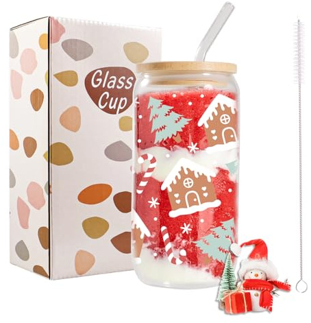 Bliceon Christmas Cups, 16oz Christmas Iced Coffee Mugs, Glass Cups with Lids and Straws, Xmas House Crutch Glass Cup for Festival Gifts, Smoothies, Beer, Parties, Xmas Decorations