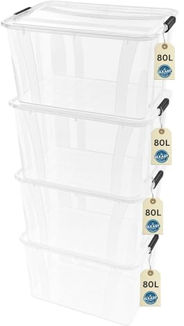 Aufbewahrungsboxen 4x 80Liter mit Deckel, lebensmittelecht - Verschlussclips - 100% Neumaterial Plastik-Box transparent - Kleiderboxen stapelbar & HLKauf-Block
