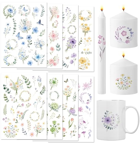 BIROYAL Large Pack of 8 Candle Tattoos (150+ Patterns, 24 x 17 cm), Water Transfer Printing, Water Slide Film Candles, Candle Film, Candle Sticker, Candles, Decorating Flowers for Glass, Wood