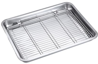 Folpus Teglia in Acciaio Inox con Griglia di Raffreddamento, Leccarda per Forno Rettangolare, Materiali Sicuri, Antiruggine e Facilissima da Pulire per Croccante, Frittura e Barbecue, 45 x 35 x 4.8 cm