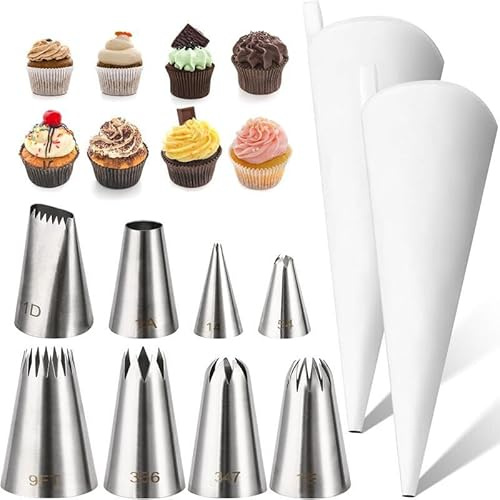ANBOO Juego de 10 mangas pasteleras con boquillas, 2 bolsas reutilizables de 35 cm con 8 boquillas de acero inoxidable, mangas pasteleras profesionales grandes para decoración de pasteles, cupcakes y