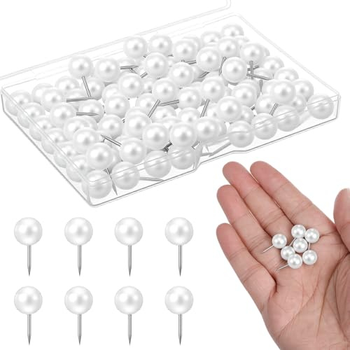 Nogeqi 100PCS White Pearl Push Pins, Decorative Thumb Tacks | Aesthetic Round Head Push Pins with Plastic Storage Box for Bulletin Board Cork Board Photos DIY Crafts Home & Office Use