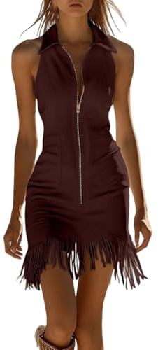 Fronage Womens Fringe Cowgirl Mini Dress Western V Neck Sleeveless Dresses Vintage Tassel Zipper Bodycon Dress Concert Outfit Purple Red