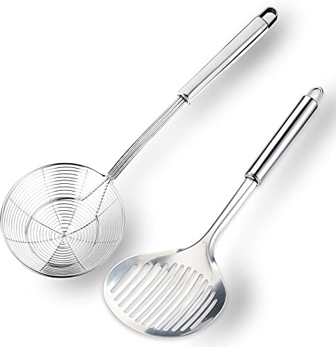 Multi Kitchen Utensil Stainless Steel Cooking Skimmer Slotted Fish Turner Spatula Spoon Colander Drain Water Filter Spoon Ladle Spider Strainer Skimmer Ladle for Cooking &Frying (2pcs)