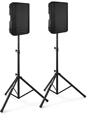 Vonyx VPS120S, PA Lautsprecher Set mit Ständer, 800 Watt 12 Zoll Aktivboxen, Partyboxen mit Stativen, PA Anlage Komplettset, DJ Boxen, Stativ Lautsprecherset