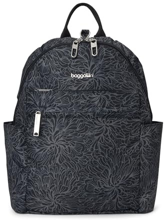 Baggallini Securtex® Anti-theft Vacation Travel Backpack 10x13 Slash-Resistant Nylon Daypack w/RFID, Midnight Blossom