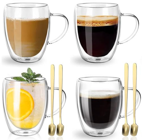 E-Greetshopping - Juego de 4 tazas de doble pared de cristal de café, 4 x 350 ml, con 4 cucharas, taza de café aisladas, tazas de café y café con aislamiento, idea de regalo para tazas de café y