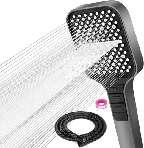 VEHHE Soffione Doccia Con Tubo da 1,5 m, 7 Tipi di Getto, a Pioggia Con Pulsante di Arresto e Ugello in Silicone Autopulente, Grande Con Regolazione a una Mano