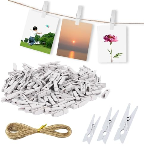 XFentech 150 Piezas Clips de Fotos - 2.5/3/3.5 cm Blanco Mini Pinzas de Madera Pinza de Decoración con Cuerda de Yute Clips Decorativos para Collages, Fotos, Postales, Decoraciones DIY