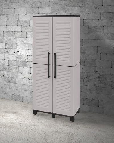Dmora Armadio da Esterno Verviers, Mobile Balcone Multiuso 2 Ante, 100% Made in Italy, 68x37h169 cm, Grigio Chiaro, Finitura Righe, Grigiochiaro,Nero