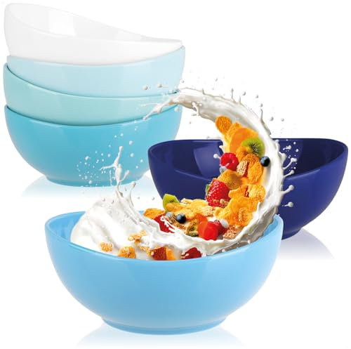 com-four® 6x cuencos de cerámica 500ml - cuencos para cereales - cuencos para postres - cuencos para ensaladas - ideales para desayunos, refrigerios y postres (6 piezas - blanco/azul - curvado)