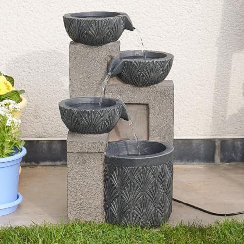 Festive Lights Fontaine Solaire à LED de 42 cm avec Cascade et Bols - Alimentation Solaire et USB, Fontaine Solaire de Jardin pour intérieur et extérieur Fontaine Solaire pour Jardin d'eau extérieur