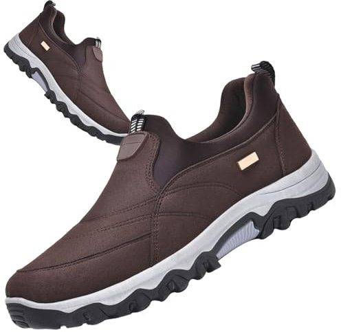 AZMAHT Mocasines sin Cordones Zapatos Diabéticos para Hombre Extra Anchas Cuero de Gamuza Zapatillas Antideslizantes para Pies Hinchados Especiales,Marrón,43 EU