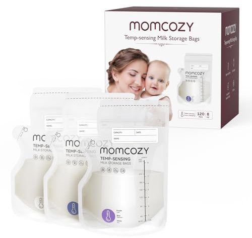 Momcozy Sachets de Congélation Lait Maternel à Versement Facile, 250 ml, Indicateur de Température, 120 Unités, Auto-Stable, Allaitement Sans Fuite, Pré-stérilisé pour Congélateur, Recyclable Sans BPA
