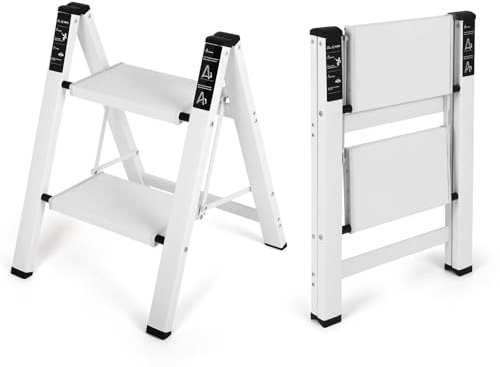 Dollate Aluminum 2 Step Ladder, Folding Step Stool with Non-Slip and Sturdy Wide Tread, Portable for Household and Kitchen, Foldable Step Stool, White, 330Lbs Ladders for Home