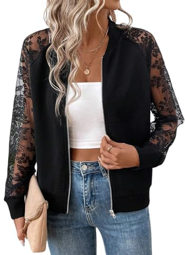 LEBOOBELL Blouson Baseball Femme Élégant Printemps Automne Manches Longues en Dentelle Brodée à Motifs Ajourés Veste Casual Chic