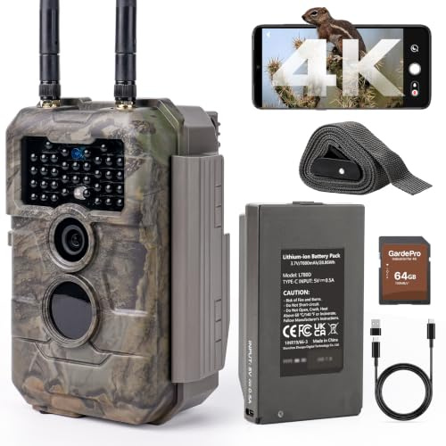 GardePro E6 2.0 Pro 4K Camera de Chasse WiFi, Batterie de 7800 mAh et Carte SD de 64 Go, Portée WiFi de 50 mètres, 64MP Caméra de Chasse Connectée Telephone, Camera Vision Nocturne Animaux Exterieur