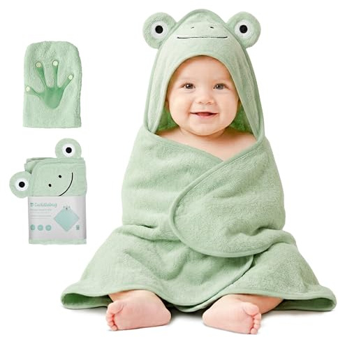 CuddleBug Capa de Baño Bebé con Capucha, Algodón, Frog Sage Green