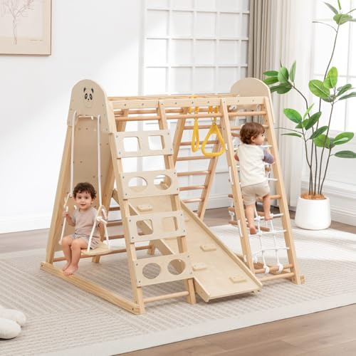 GALACTICA Wooden Indoor Jungle Gym for Toddlers, 9-in-1 Climbing Frame with Slide, Swing, Rope Ladder, Monkey Bars & Gym Rings, Baby Climber Playground Playset for Gross Motor Development