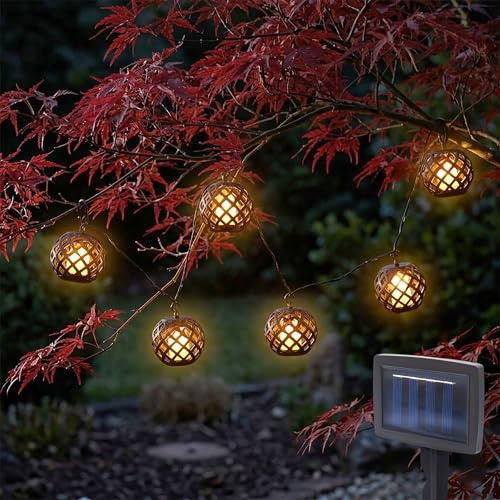 Spetebo Cadena de luces solares con 6 farolillos redondos negros con efecto llama, 300 cm, iluminación decorativa LED para jardín, con efecto parpadeante, para fiestas, terrazas, balcones, decoración