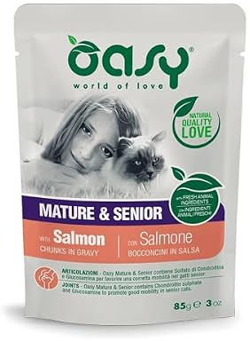 OASY Gatto BOCCONCINI IN SALSA • Mature & Senior con Salmone | alimento umido completo per gatti di 7 anni o più, senza glutine e coloranti artificiali, 12 bustine da 85 grammi l'una.