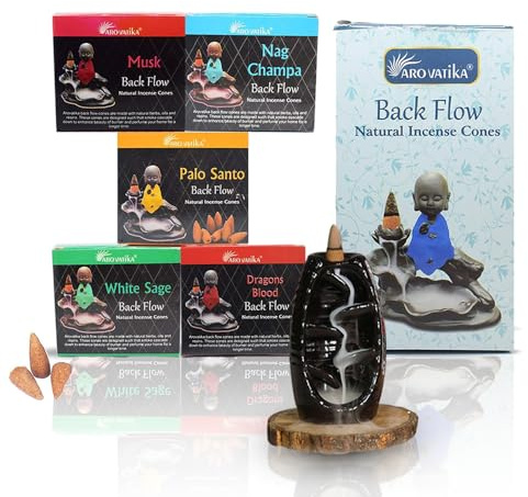 ARO VATIKA Natural Masala 50 Backflow Pack 'A' Incense Cones with 5 Different Assorted Fragrances of Nag Champa, White Sage, Dragons Blood, Palo Santo, Musk | Burn time- 16-18 mins Approx