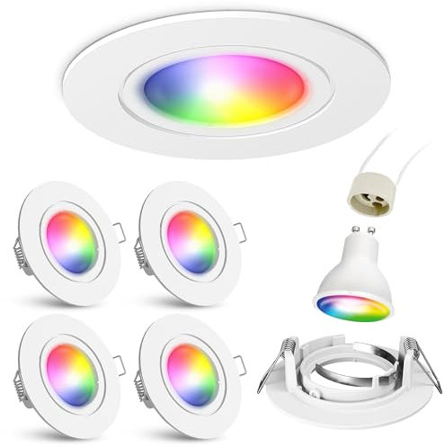 linovum Einbaustrahler 4er Set weiß mit GU10 WLAN Birne tauschbar - kompatibel mit Alexa & Google - farbwechsel Deckenspot RGBW
